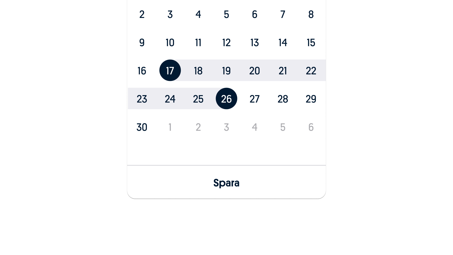 Selected dayrange calendar