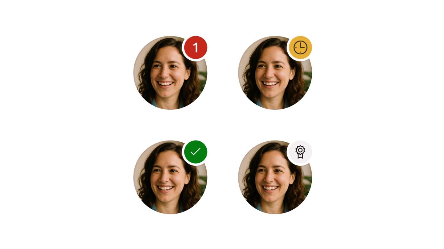 Example of Avatar with badge placed in the top right corner