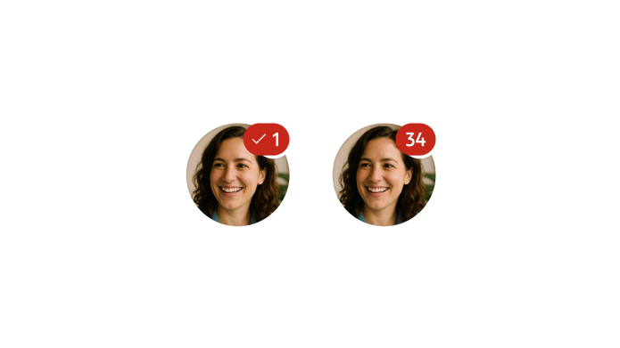 Don't use both icon and text in a badge — it adds clutter and disrupts its shape. Avoid full multi-digit numbers; use '9+' for clarity.