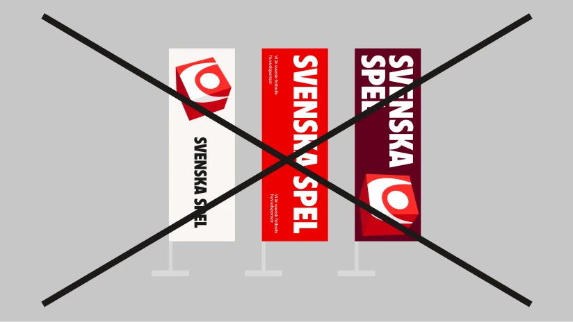 Beachflagga med text roterad uppifrån och ner, markerad som ett exempel att undvika