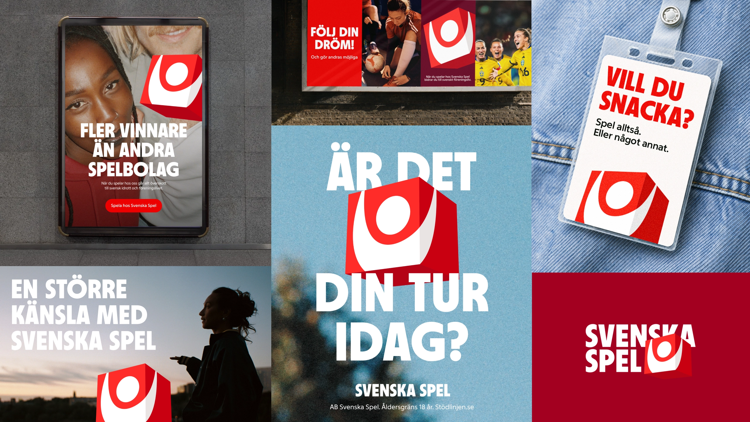 Collage av Svenska Spels logotyp och Vinnarkuben i olika sammanhang