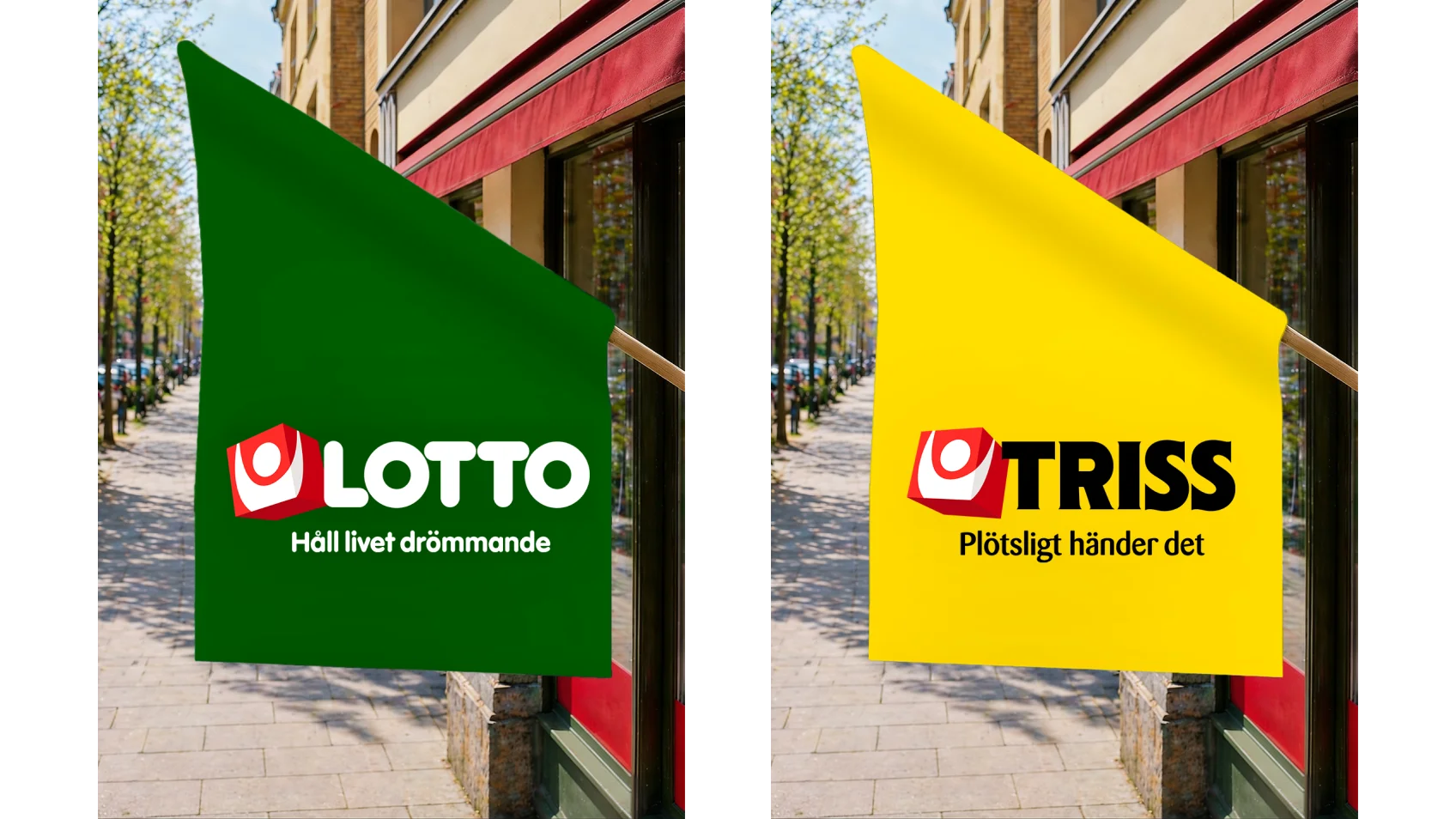 Två butiksflaggor på en husfasad, en grön med Lottos logotyp och en gul med Triss logotyp