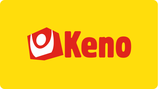 Kenos logotyp i röd negativ version mot gul bakgrund