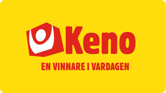 Kenos logotyp i röd negativ version med payoffen En vinnare i vardagen mot gul bakgrund