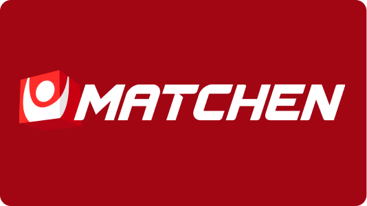 Matchens logotyp i vitt mot röd bakgrund