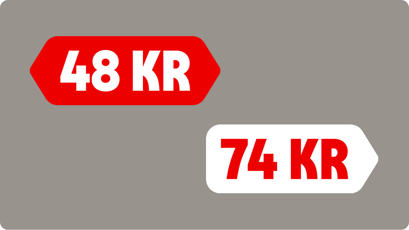 Två prislappar formade som etiketter, en röd med 48 KR och en vit med 74 KR