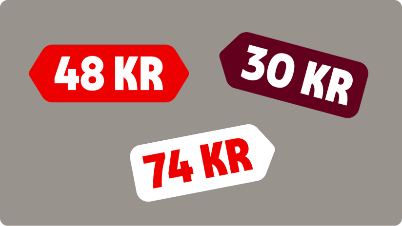 Tre prislappar i olika lutning och färg: röd 48 KR, mörkröd 30 KR och vit 74 KR