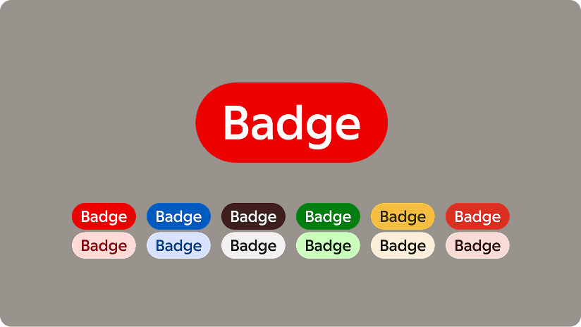 Badge-komponenter med ordet Badge i flera färgvarianter, med en stor röd badge överst