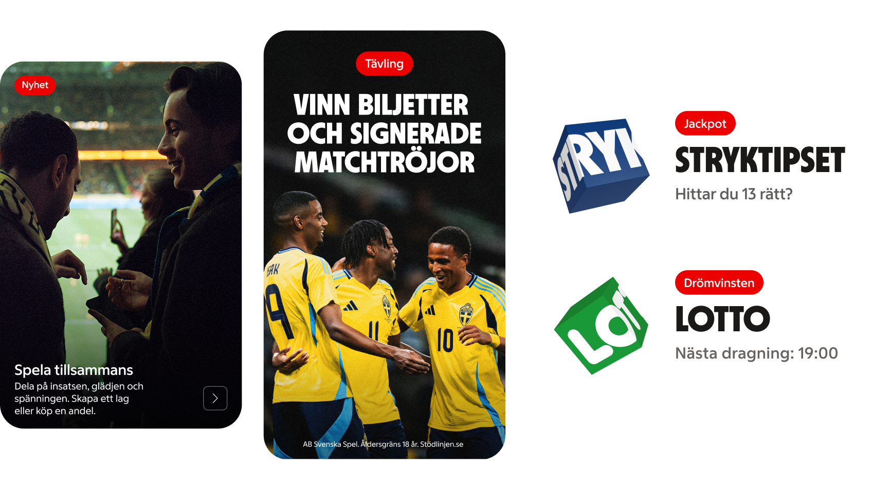 Taggar och prislappar i appen: etiketter som Nyhet och Tävling samt jackpot- och vinstkort för Stryktipset och Lotto