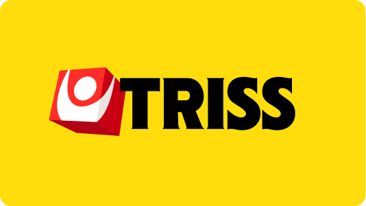 Triss logotyp i svart mot gul bakgrund