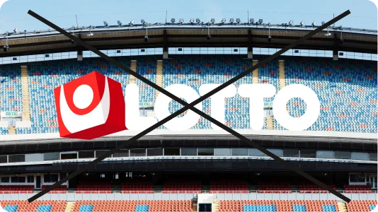 Felaktig användning där Lottos logotyp placerats mot ett rörigt arenafoto med dålig läsbarhet, överstruket med kryss
