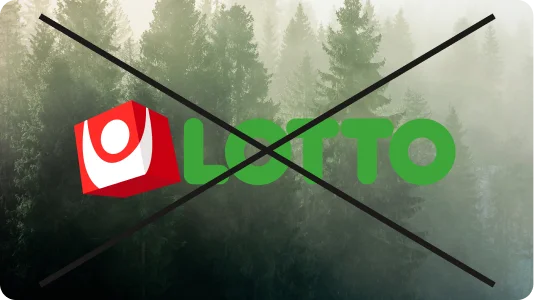Felaktig användning där Lottos logotyp färgats om till grön mot ett skogsfoto, överstruket med kryss